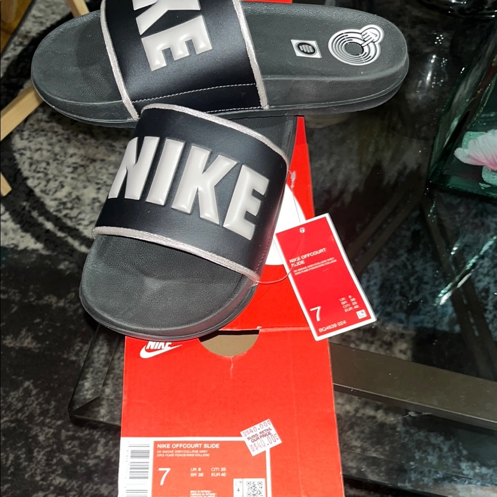 Nike Black and Grey Slide Sandals